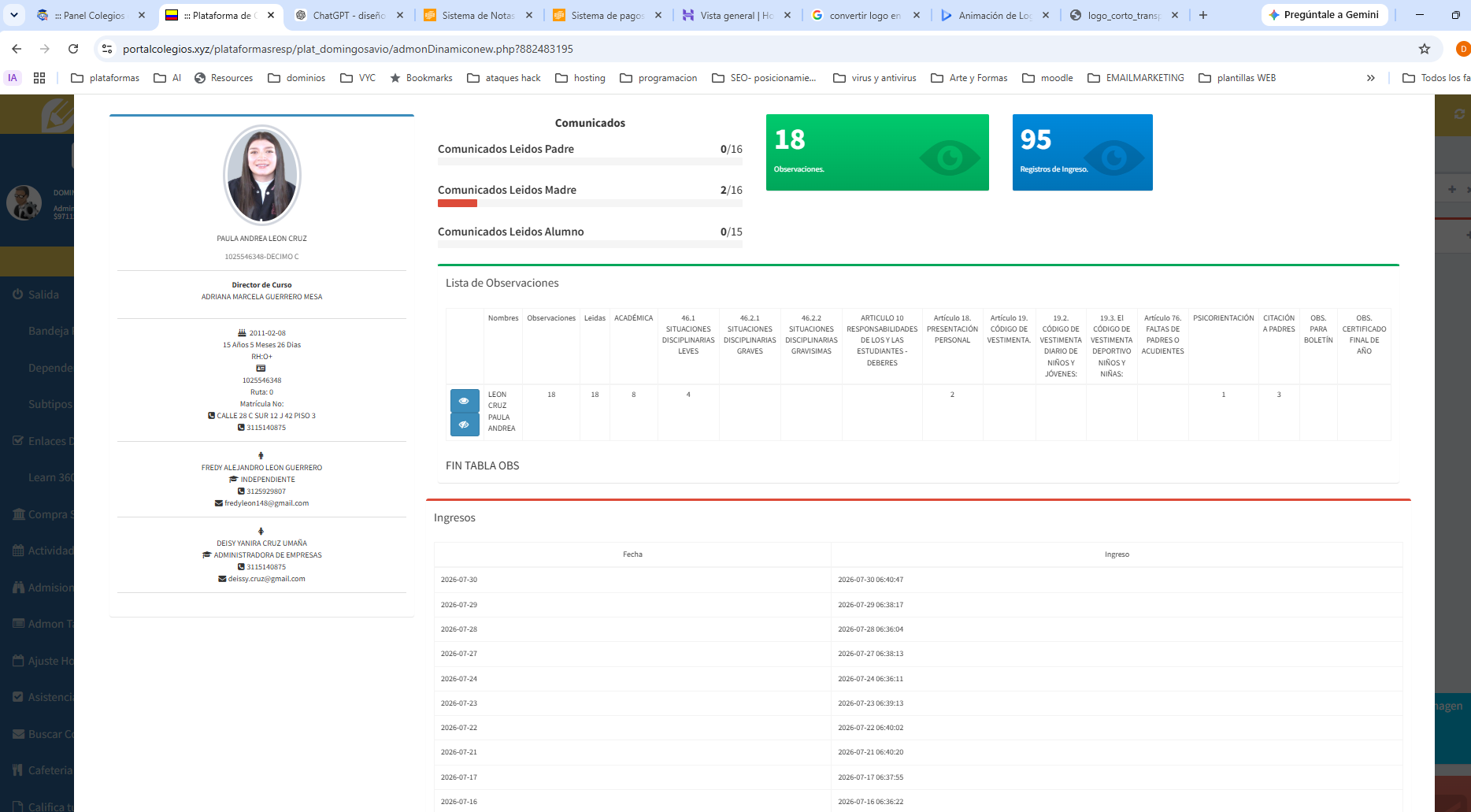 Dashboard del alumno